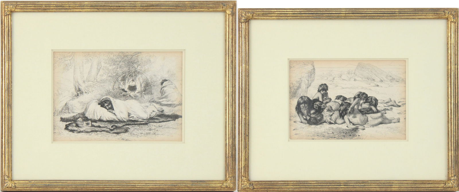 Jean Leon Gerome Ferris, 1863-1930, Indian Figures Lying on the Ground, Pen and Ink Drawings: Jean Leon Gerome Ferris1863-1930Indian Figures Lying on the GroundPen and Ink DrawingsOne signed verso, American, 19th C.Provenance: Property from a Private 5th Ave, New York CollectorSight: 5 1/4 x