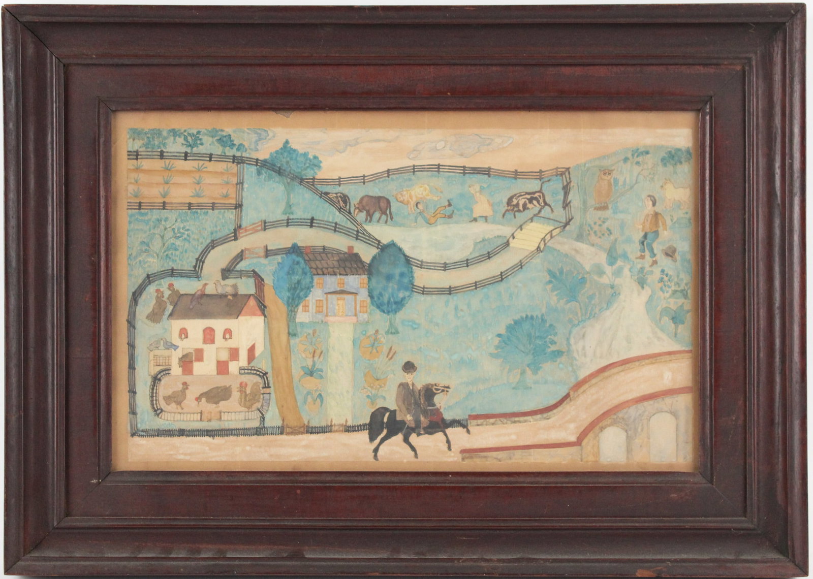 American School, Man on Horseback in Countryside, Watercolor: American School Man on Horseback in Countryside Watercolor 19th C. appears to be unsigned. Provenance: Property from a New England Collector Sight 10 1/4 x 16 1/4 in. (26 x 41.3 cm.), Overall 15 3/4 x
