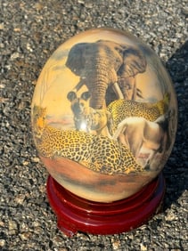 Ostrich Egg Decorated With Safari Scene On Base