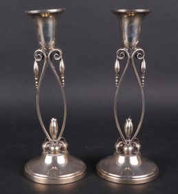 Pair of Vintage Georg Jensen Style Sterling Silver Candlesticks