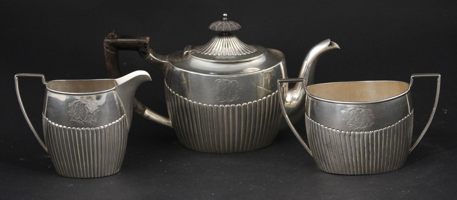 Howard & Co. Silver Tete a Tete Tea Set: Howard & Co. Silver Tete a Tete Tea SetMarked sterling, monogrammed and inscribed "Julia Draper, from Augustus & Joanna Shepard, Dec. 6th 1894" Comprising, a teapot with wood handle, a cream