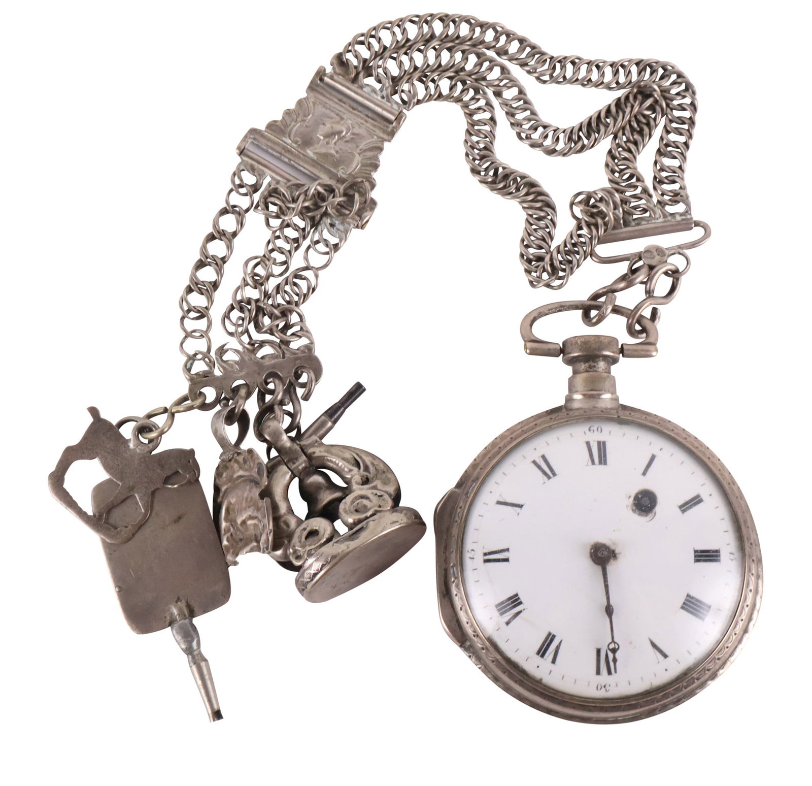 Swiss Verge Fusee Silver Pocket Watch: Swiss Verge Fusee Silver Pocket Watch 58mm diameter, with large silver watch fob with a number of silver charms and keys.