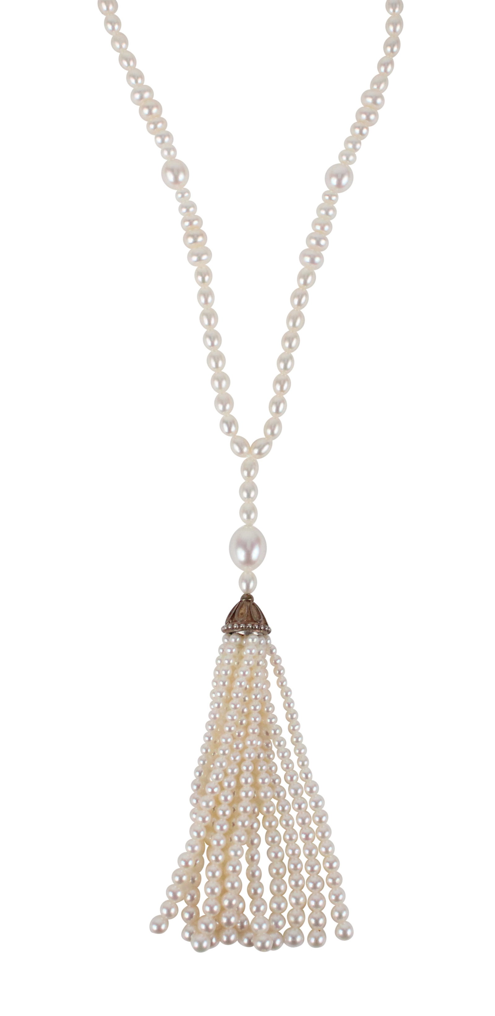 Tiffany and Co Pearl Tassel Necklace: Tiffany and Co Pearl Tassel Necklace With sterling 925 bead. 21"l. Possibly the Ziegfeld collection. Together with folding case and blue box. x 21 in. ( x 53.3 cm.)