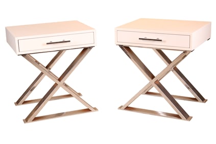 Pair of Modern White Lacquer and Chrome Side Tables