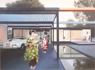 Two Japanese Women at Pierre Koenig's, Case Study House #21, Oil on Canvas