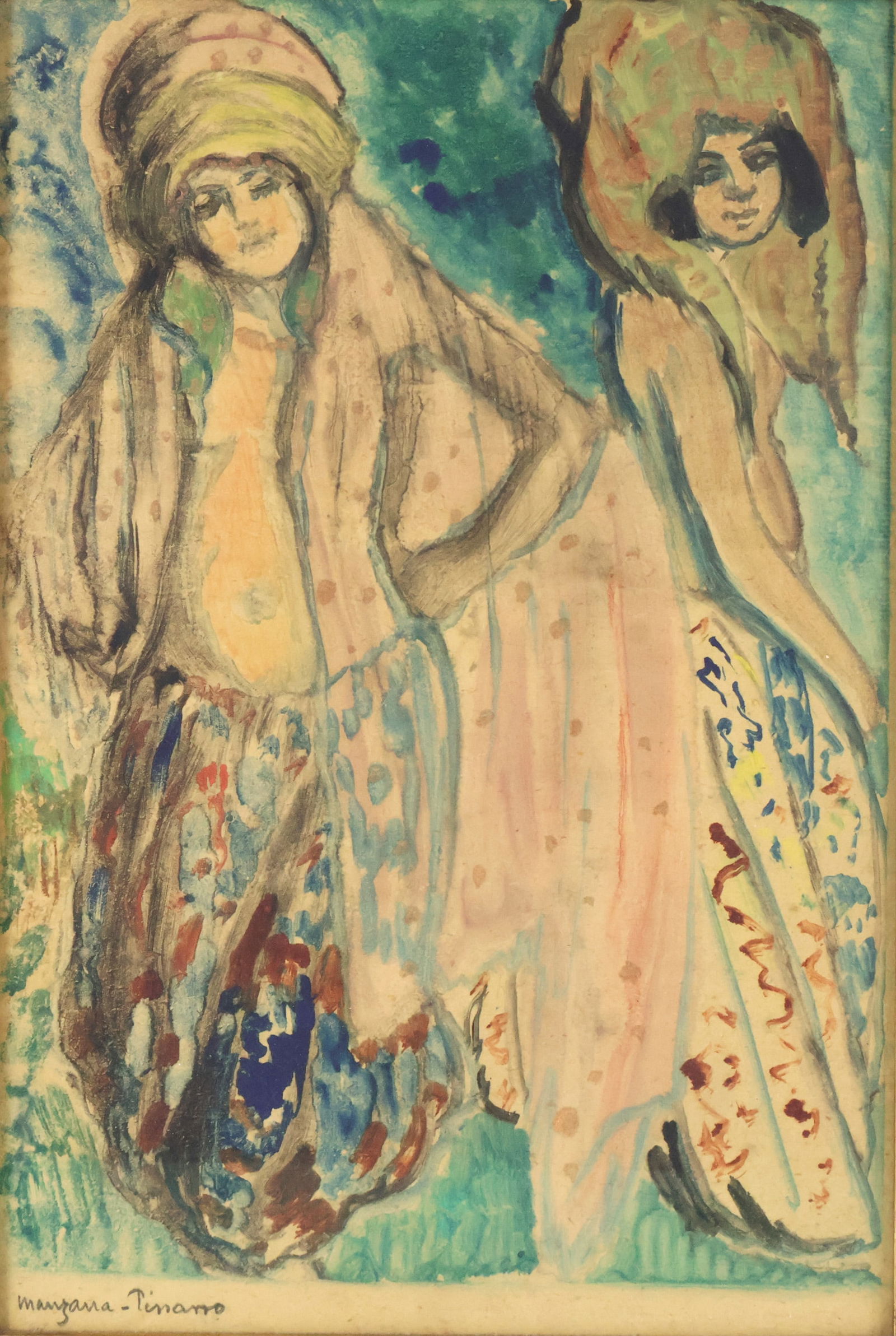 Georges Manzana Pissarro, French 1871-1961, Two Female Figures, Mixed Media on Paper: Georges Manzana PissarroFrench, 1871-1961Two Female FiguresMixed Media on PaperSigned l.l.Provenance: The Estate of Susan Chalom, New York, NYSight: 14 3/4 x 10 1/4 in. (37.5 x 26 cm.), Frame: 20 x 1