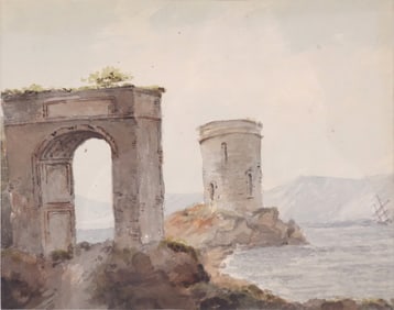 Arch and Tower by the Sea, Watercolor on Paper