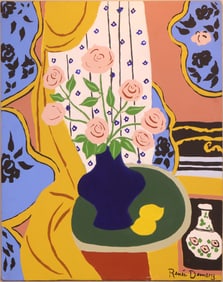 Renee Demsey, 1932-, Pink Roses in a Vase, Oil on Canvas