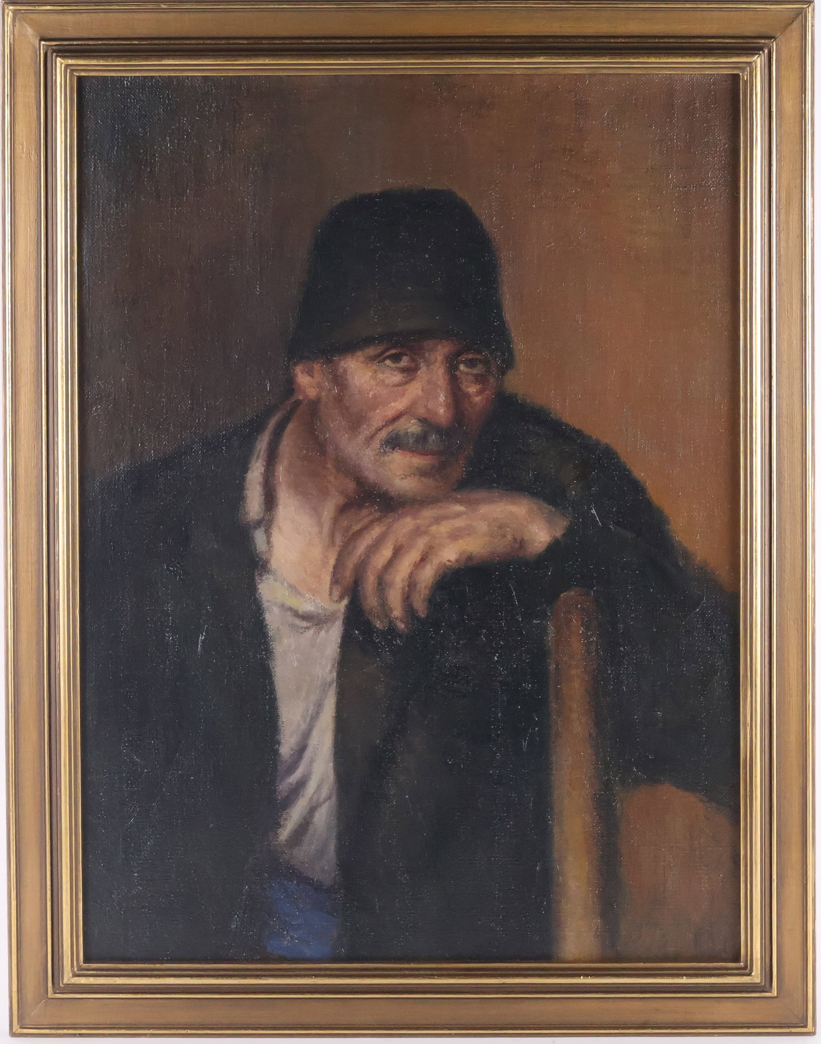 Possibly Atilla Nagy, Hungarian 1928-, Portrait of Seated Gentleman with Cap, Oil on Canvas: Possibly Atilla Nagy Hungarian, 1928- Portrait of Seated Gentleman with Cap Oil on Canvas Signed illegibly. Sight: 29 x 21 3/4 in. (73.7 x 55.2 cm.), Frame: 34 1/4 x 26 3/4 in. (87 x 67.9 cm.)