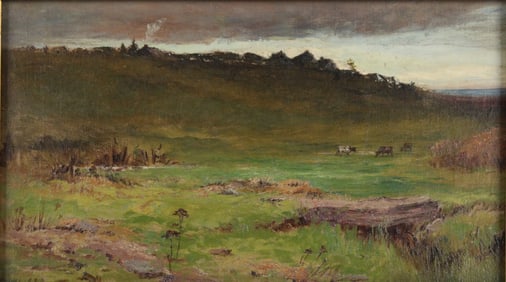E.K. Hunt, Cows in Pastoral Landscape, Oil on Canvas
