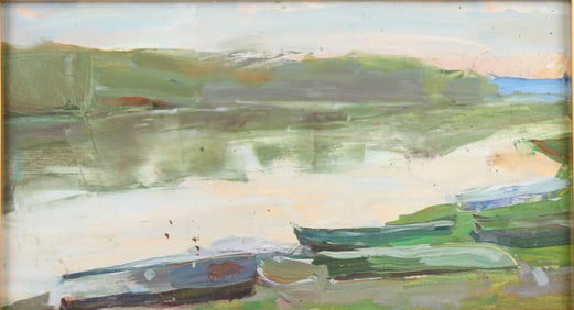 Abstract Boats on Shoreline, Oil on Board
