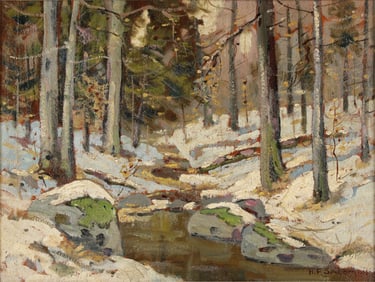 H.F. Salomon, Brook in Winter, Oil on Board