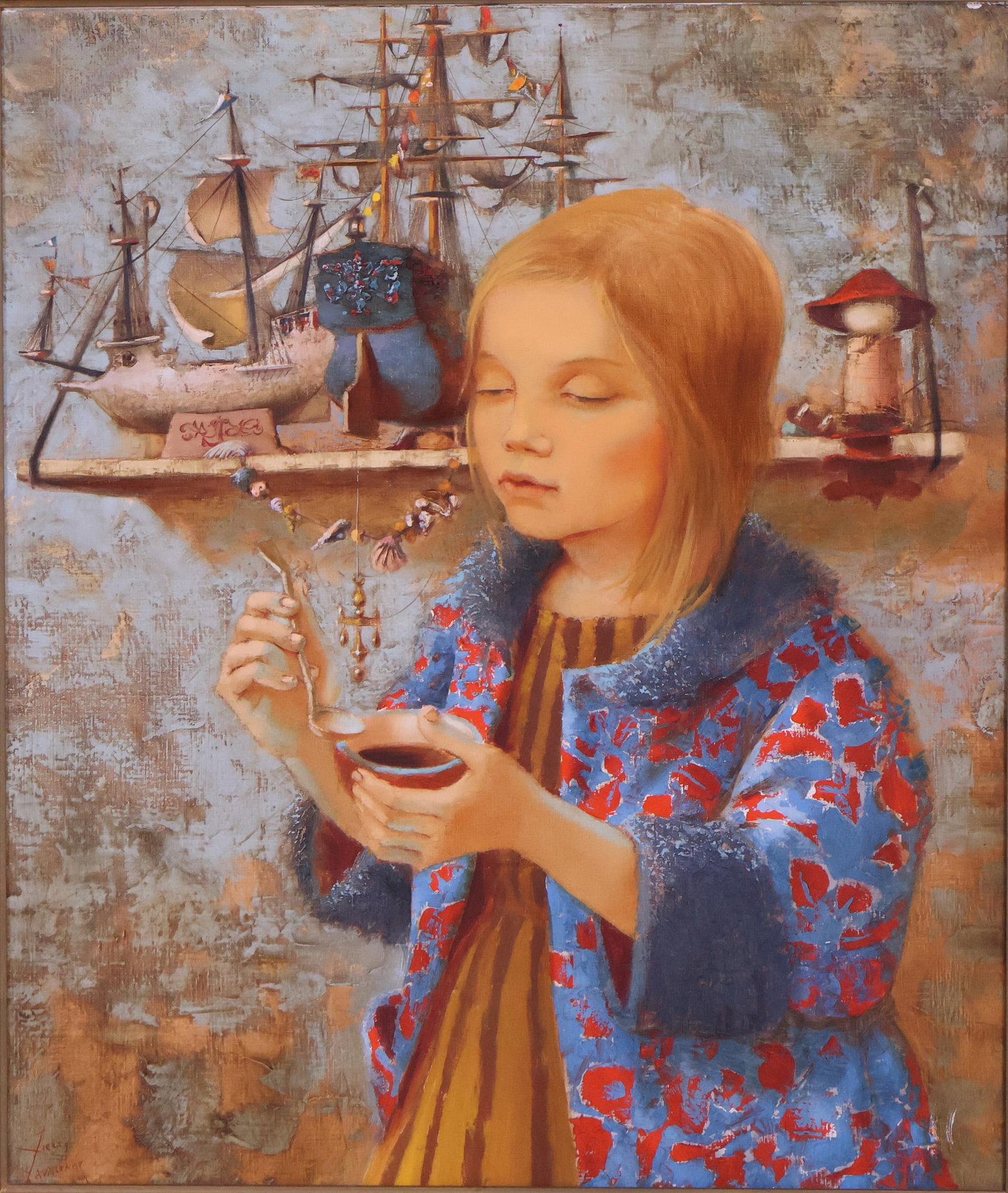 Pierre Lavarenne, French 1928-, Petite Little Aux Bateaux, Oil on Canvas: Pierre Lavarenne French, 1928- Petite Little Aux Bateaux Oil on Canvas Depicting a girl holding a cup of tea, signed l.l., titled verso. Provenance: Locati LLC, 2/22, 391 Sight: 31 1/2 x 25 1/2 in. (8