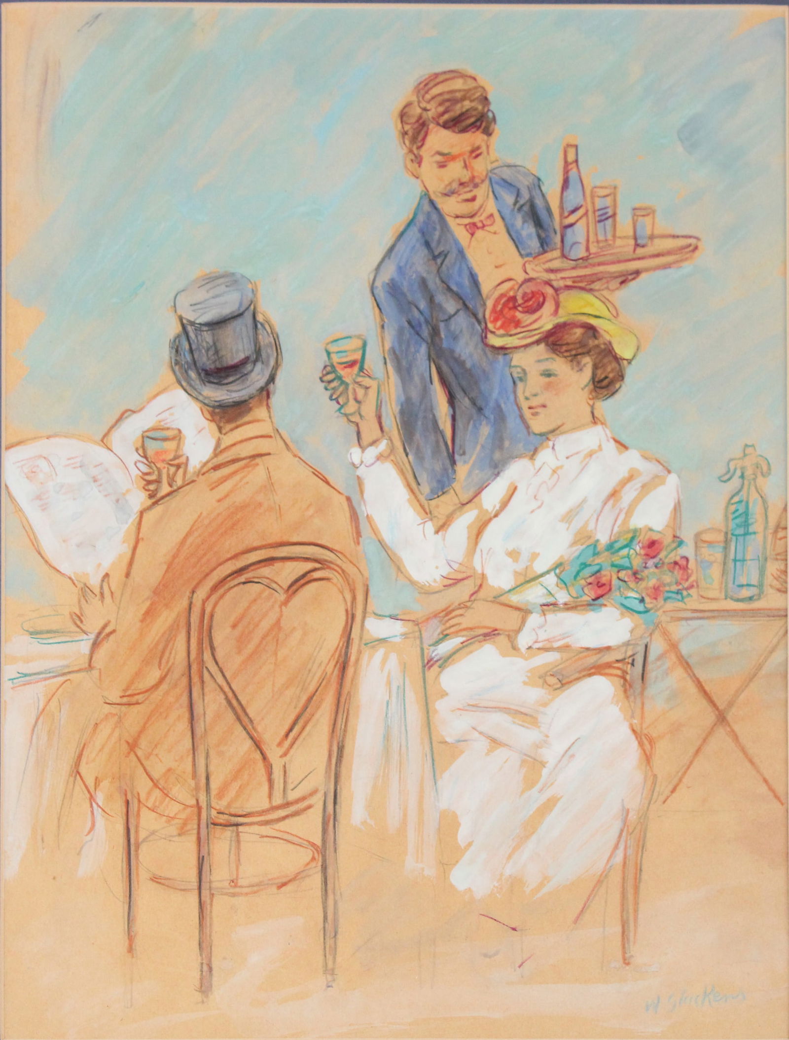 After William James Glackens, 1870-1938, Cafe Scene, Pastel an Tempera on Board: After William James Glackens1870-1938Cafe ScenePastel an Tempera on BoardSigned l.r.Provenance: Amelia Jeffers, 3/7/24, lot 155Sight: 13 1/2 x 10 1/2 in. (34.3 x 26.7 cm.), Frame: 20 1/2 x 16 1/2 x 1