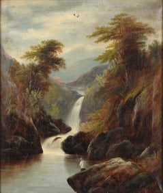 H.G. Miller, Fisherman and Waterfall, Oil on Canvas
