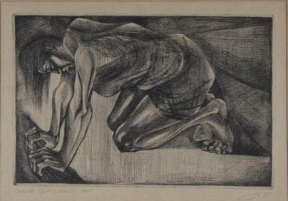 Moshe Gat, Israeli 1935, Kneeling Figure, Etching
