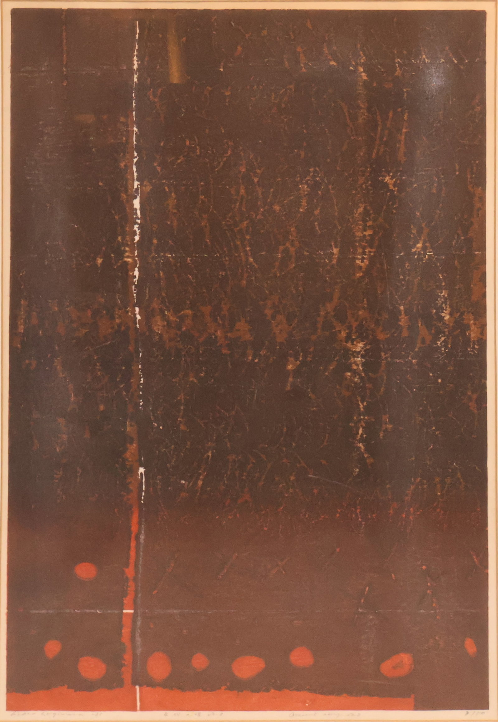 Hideo Hagiwara, 1913-2007, Ancient Song No. 8, Woodblock: Hideo Hagiwara 1913-2007 Ancient Song No. 8 Woodblock Signed, titled, dated 1965, and numbered 3/50 in pencil. Sight: 36 1/2 x 24 1/2 in. (92.7 x 62.2 cm.), Frame: 44 3/4 x 31 1/2 in. (113.7 x 80 cm.)