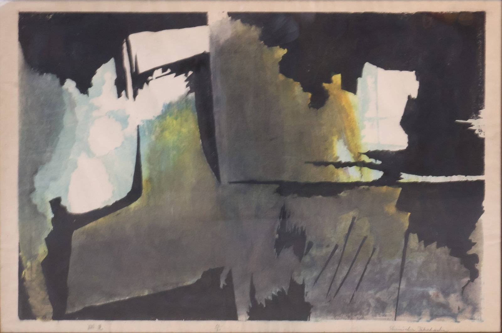 Shinichi Takahashi, 1917-1986, Abstract, Woodblock: Shinichi Takahashi 1917-1986 Abstract Woodblock Signed in pencil l.r., numbered 10/30. Sight: 25 1/2 x 38 1/2 in. (64.8 x 97.8 cm.), Frame: 28 1/2 x 41 3/4 in. (72.4 x 106 cm.)