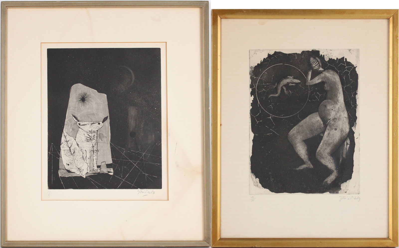 Johnny Friedlaender, German 1912-1992, Coyote and Femme et Reptile, Etchings (1 of 12)