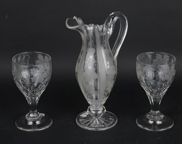 Grapevine Etched Crystal Pitcher and Two Goblets