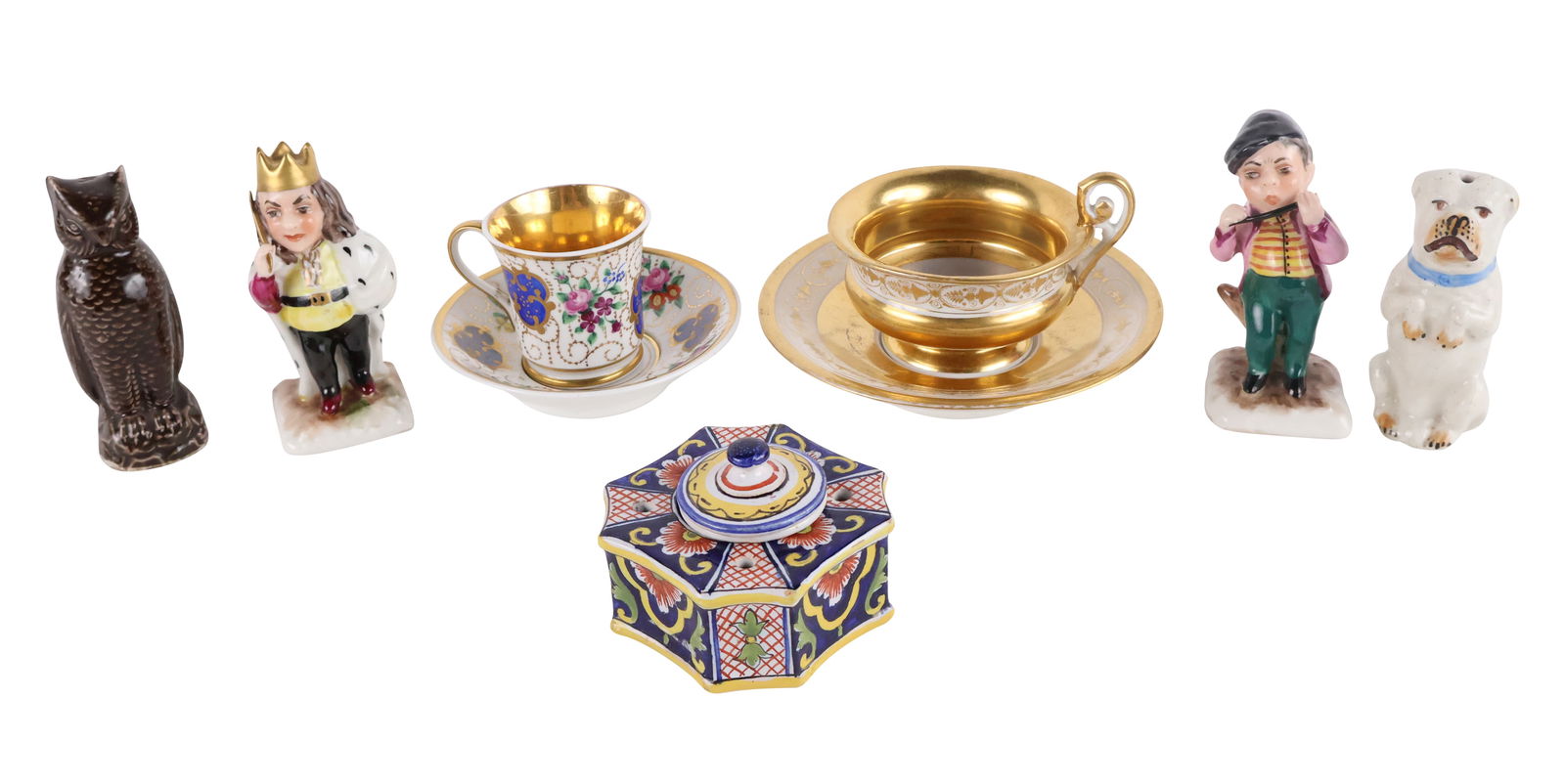 Assorted Group of Porcelain: Assorted Group of PorcelainChinese and Continental, 19th/20th C. including, an owl-form whistle, capo-di-monte figures, German tea cups, and an inkwell and dog figural. 7 pieces