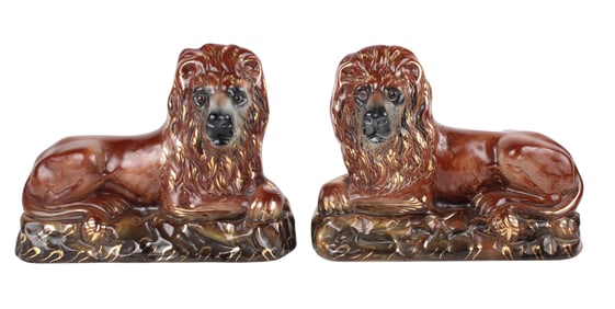 Pair of Staffordshire Porcelain Lions