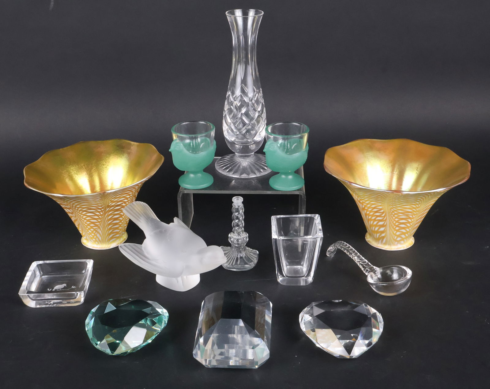 Lalique Frosted and Colorless Glass Bird: Lalique Frosted and Colorless Glass BirdTogether with two favrile glass shades, a Stuart bud vase, a gemstone form paperweight, two bird form egg cups, a small case and dish etched with a bird, a smal