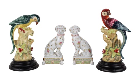 Two Glazed Porcelain Parrots