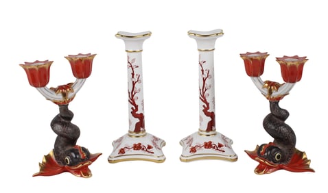 Pair of Herend Koi Fish Form Porcelain Candlesticks