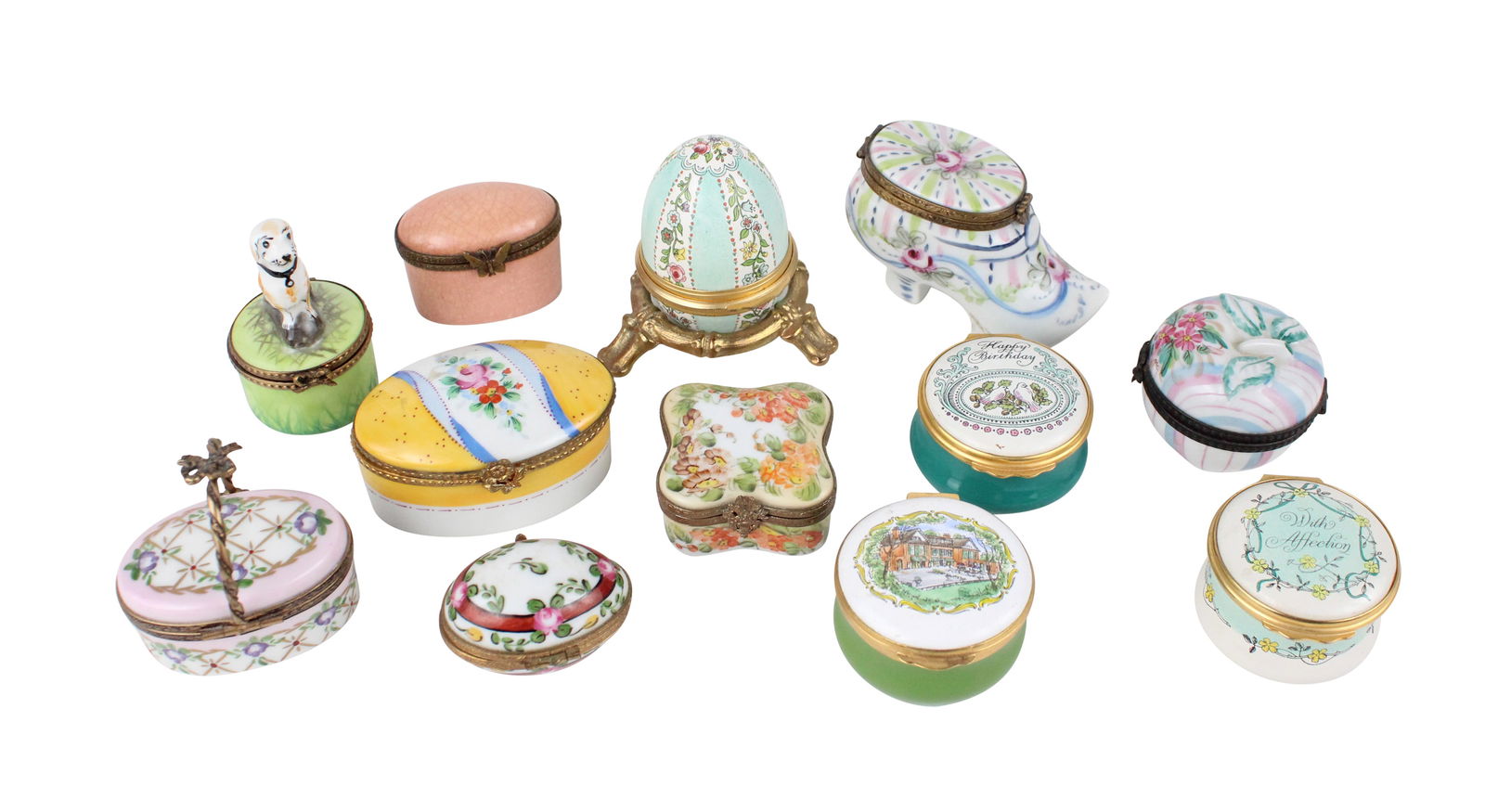 Group of Enamel and Porcelain Pill Boxes: Group of Enamel and Porcelain Pill BoxesIncluding, Battersea, Limoges, and Halcyon Days. 12 piecesSome wear.