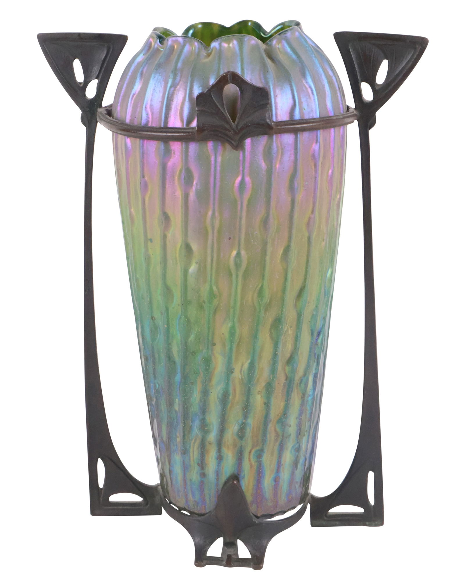 Loetz Art Glass Vase in Metal Frame: Loetz Art Glass Vase in Metal FrameWilhelm Kralik "Sea Urchin" vase. Unmarked.8 1/2 x 6 x 4 1/4 in. (21.6 x 15.2 x 10.8 cm.)