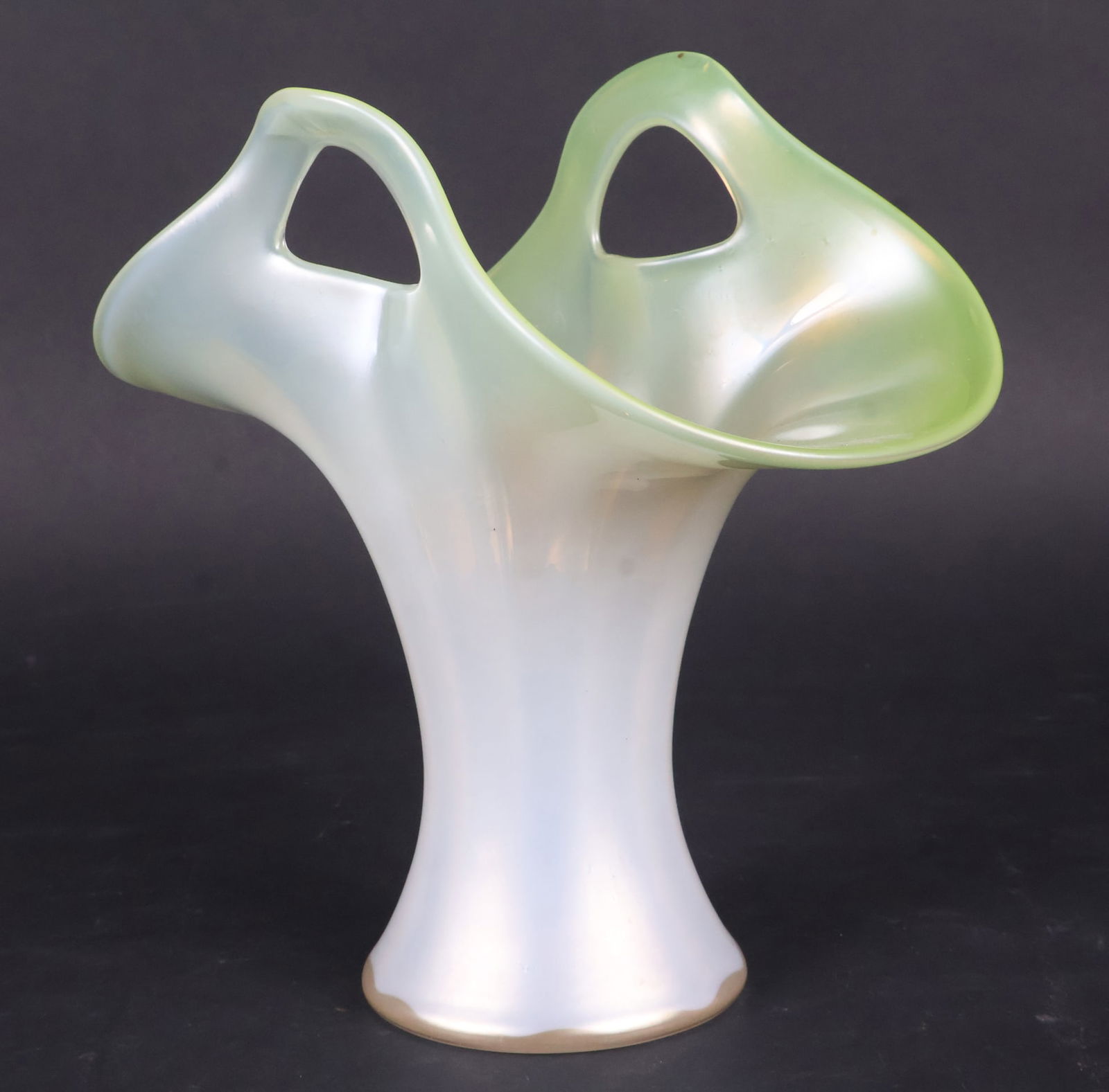 Loetz Opalescent Fan Vase: Wilhelm Kralik "Punched" vase. Some wear.8 x 7 3/4 x 5 in. (20.3 x 19.7 x 12.7 cm.)
