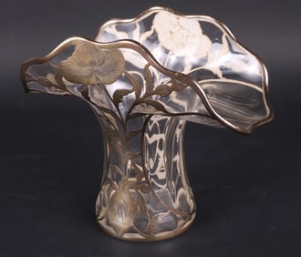 Loetz Silver Overlay Colorless Glass Fan Vase