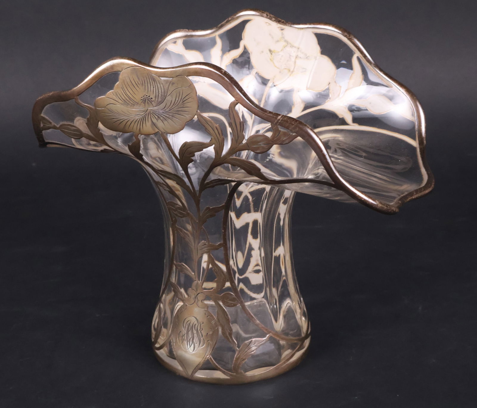 Loetz Silver Overlay Colorless Glass Fan Vase: Loetz Silver Overlay Colorless Glass Fan VaseSome wear.7 1/4 x 8 3/4 x 5 1/4 in. (18.4 x 22.2 x 13.3 cm.)