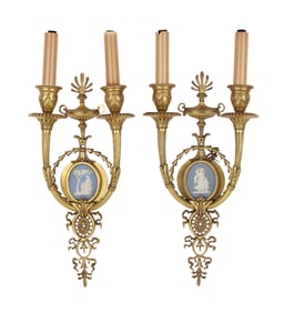 Pair of Louis XVI Style Gilt-Bronze Two Light Sconces