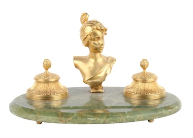 Green Onyx and Ormolu Inkwell