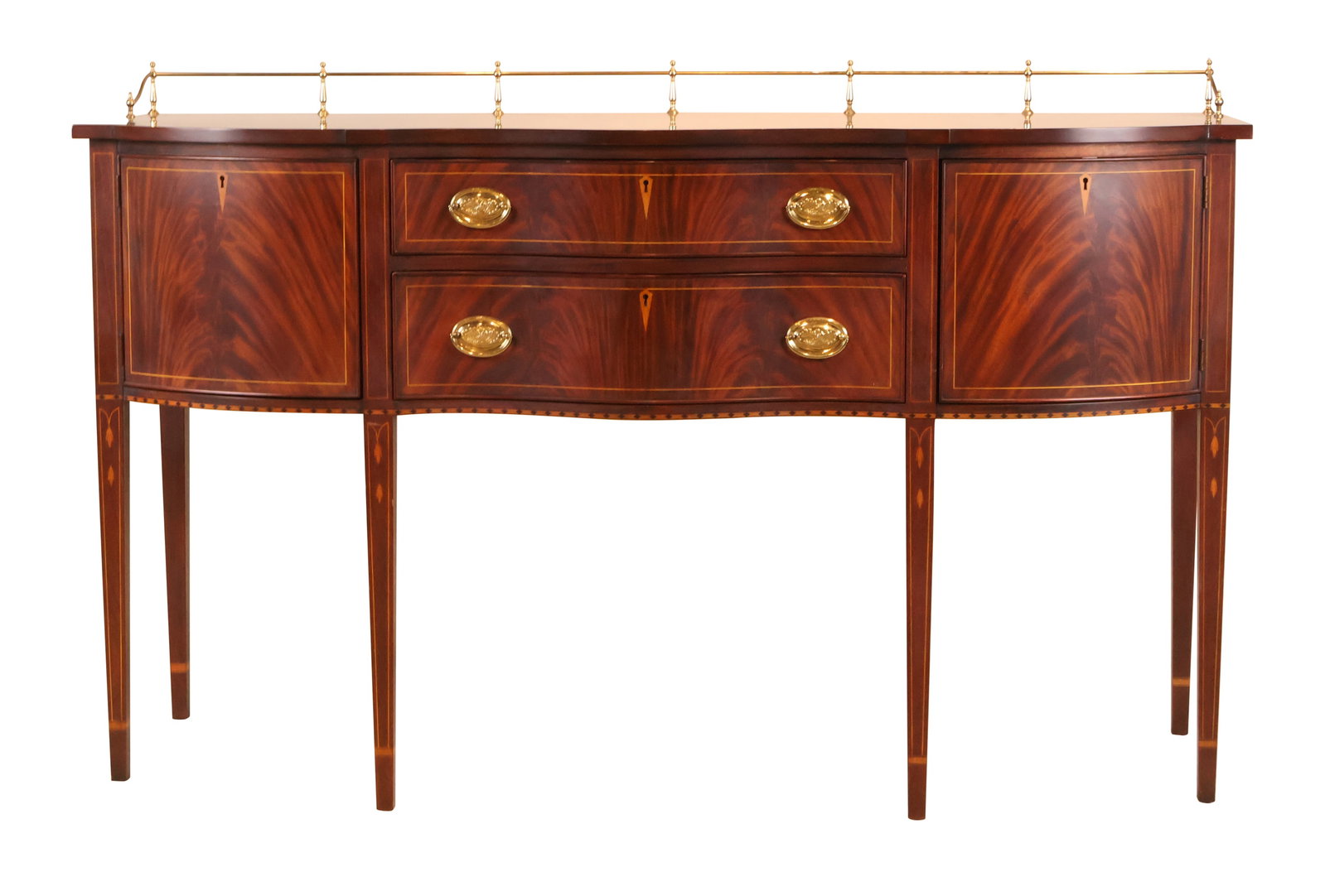 Henkel Harris Inlaid Mahogany Sideboard: Henkel Harris Inlaid Mahogany Sideboard With brass gallery. Lacking a section of brass gallery. Without Gallery: 38 1/2 x 66 x 24 3/4 in. (97.8 x 167.6 x 62.9 cm.)