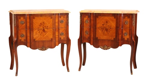 Pair of Louis XV/XVI Marble Top Brass Mounted Commodes