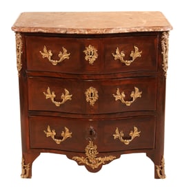 Regence Marble Top Marquetry Three Drawer Commode