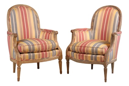 Pair of Louis XVI Style Grey-Painted Bergeres