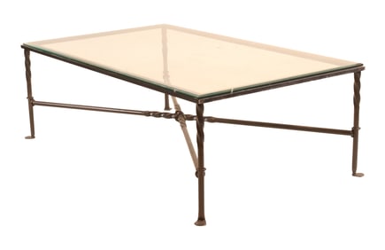 Contemporary Black Painted Metal Glass Top Low Table