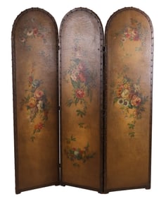 Painted Leather Three Panel Screen