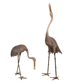 Two Japanese Style Patinated Metal Cranes