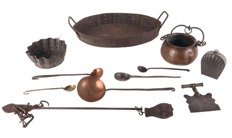 Large Group of Early Brass and Iron Kitchen Implements