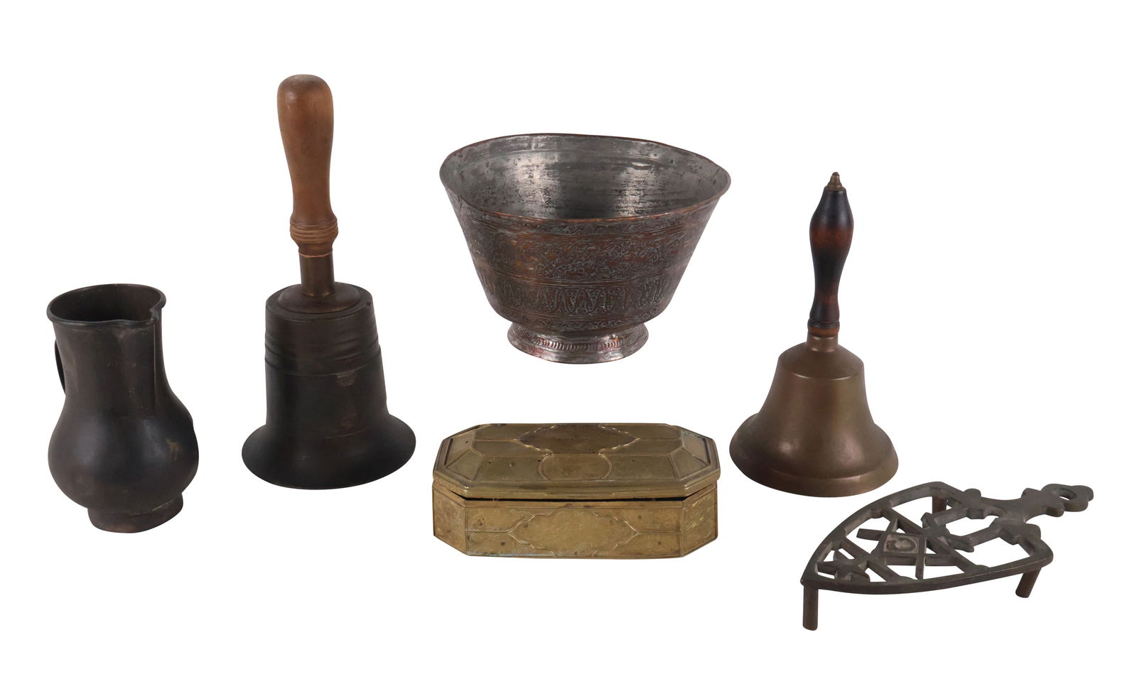 Group of Early Metalware: Group of Early MetalwareIncluding, a 16th C. bronze pitcher, 19th C. Middle Eastern bowl, 18th C. bell, a 19th C. bell, Masonic iron trivet, and a 17th C. Dutch tobacco box with engraved foliate decor