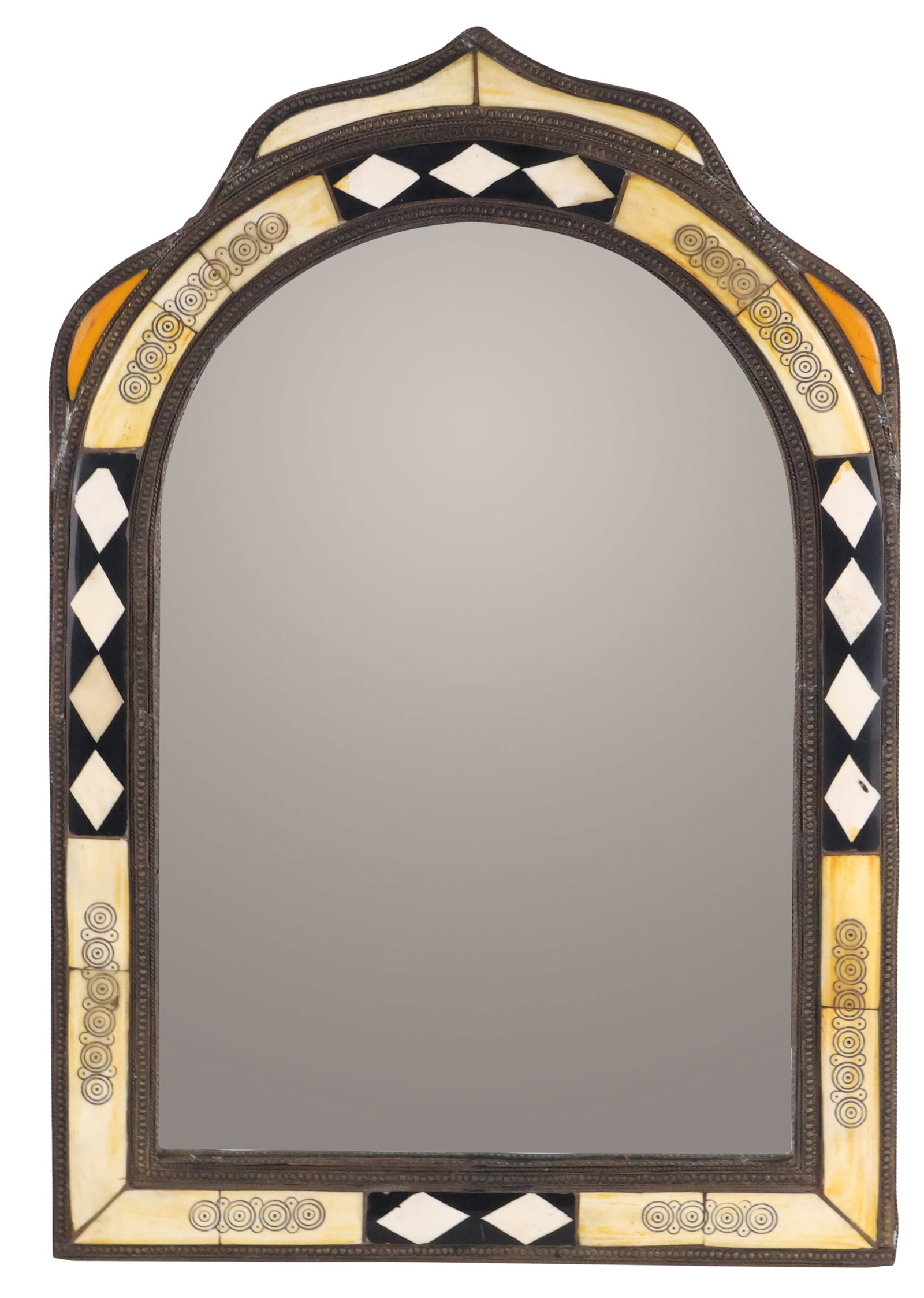 Moroccan Style Inlaid and Embossed Metal Mirror: Moroccan Style Inlaid and Embossed Metal Mirror 20th C. Some wear, surface distress. 24 x 16 x 1 in. (61 x 40.6 x 2.5 cm.)