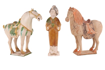 Two Tang Style Horses and a Tang Style Female Figure