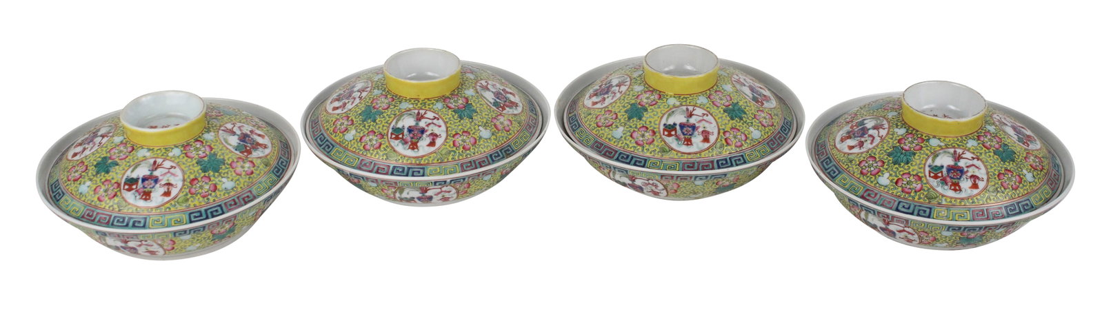 Four Famille Rose Porcelain Covered Bowls: Four Famille Rose Porcelain Covered Bowls Guangxu Period mark, from Qing Dynasty, the bowl is adorned with vibrant floral motifs and traditional Chinese patterns. 4 x 8 x 8 in. (10.2 x 20.3 x 20.3 cm.