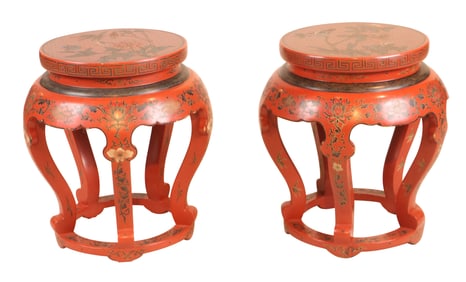 Pair of Chinese Red Lacquer Stools
