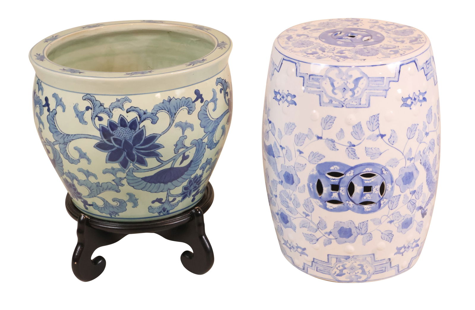 Chinese Blue and White Porcelain Garden Seat: Chinese Blue and White Porcelain Garden SeatTogether with a Chinese blue and white porcelain fish bowl on hardwood stand. 2 piecesMinor wear.Garden Seat: 18 x 12 1/2 in. (45.7 x 31.8 cm.)